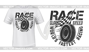 Rolling car wheel and racing flag t-shirt print - vector clipart