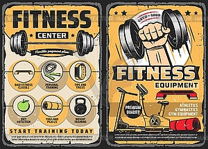 Fitness center, gym equipment retro posters - stock vector clipart