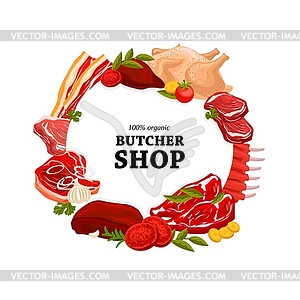 Butcher shop raw meat round banner - vector image