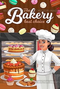 Confectioner in patisserie presenting desserts - vector image