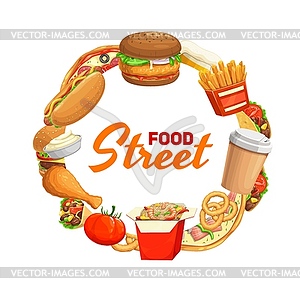 Fast food meals and snacks round frame - vector clipart