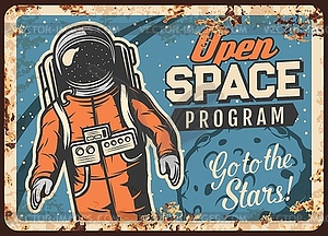 Open space program rusty retro metal plate - vector image