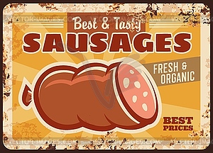 Sausages rusty metal plate, ferruginous ad card - vector image