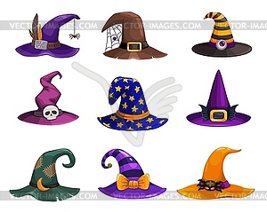 Witch hats icons, cartoon wizard headwear - vector image