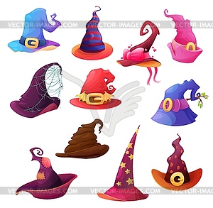 Witch and wizard hat cartoon icons, Halloween - vector clipart