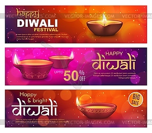 Diwali sale offer banners, Indian Deepavali lamps - vector clip art