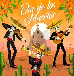 Mexican Dia de los Muertos mariachi skeletons - vector image