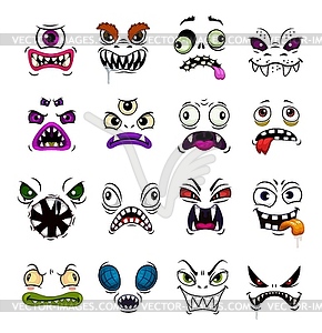 Monster face funny emoticons and emojis, cartoon - vector clipart