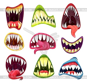 Monster mouths with teeth and tongues, cartoon set - vector clipart