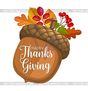 Happy Thanks Giving day poster with acorn - vector clipart