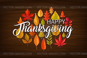 Happy Thanksgiving greeting with fallen leaves - vector clipart