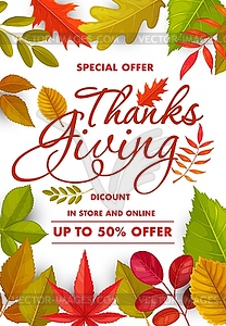 Thanksgiving sale poster with autumn leaves - vector clipart