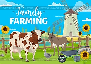 Family farming, farm animals on field - vector clipart