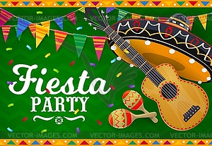 Mexican sombrero, guitar and maracas banner - vector clip art