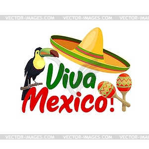 Viva Mexico icon with sombrero and toucan - vector image
