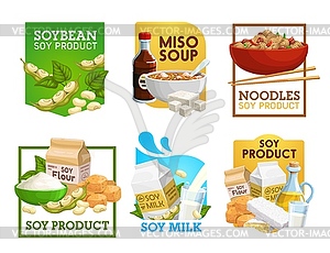 Soy food and soybean products icons set - vector clip art