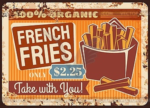 French fries fast food rusty metal plate - vector clipart