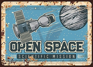 Satellite open space scientific mission tin poster - vector clip art