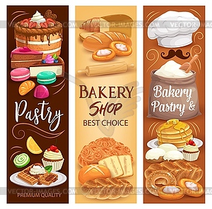 Cakes desserts, bakery bread and sweet pastry - vector image