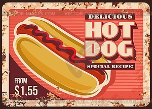 Hot dog sandwich rusty metal plate - vector clip art