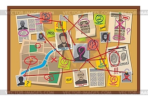 Crime board with pins, evidence detective map - vector clipart / vector image