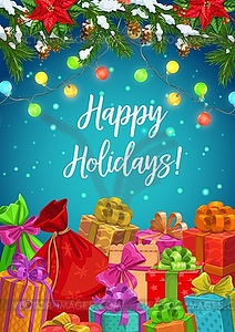 Happy winter holidays, Xmas tree lights and gifts - vector image