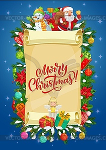 Paper scroll with Christams tree, gifts and Santa - vector image