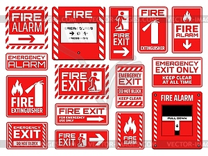 Пожарный аварийный выход, огнетушитель и сигнальные знаки - векторный клипарт