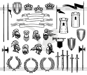 Рыцарская геральдика, щиты, короны, доспехи, мечи - клипарт в векторном формате