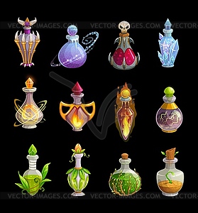 Иконки бутылок с зельями, колбы волшебного эликсира - векторный клипарт EPS