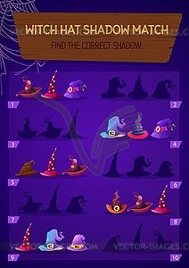 Kids game witch hat shadow match, logic activity - vector image