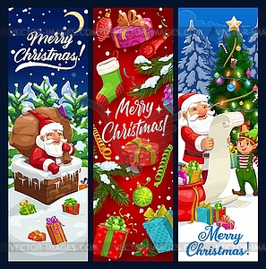 Santa and elf on roof with Christmas gift banners - color vector clipart