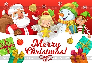 Santa, snowman, elf and angel with Christmas gifts - vector image