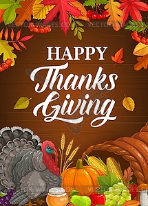 С Днем Благодарения плакат с индейкой, урожай - векторное изображение EPS