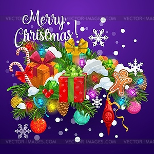 Christmas tree, gifts, snow and gingerbread man - vector image