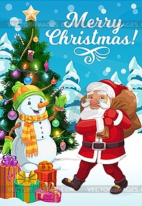 Santa and snowman with Christmas tree, Xmas gifts - vector image