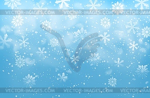 Realistic snow flakes on blue background - vector image