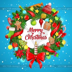 Christmas tree wreath with gifts, ribbons, candle - color vector clipart