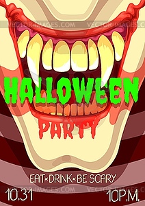 Halloween horror party poster of scary clown smile - vector image