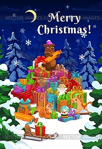 Рождественские подарки, подарки и мешок Санта-Клауса на снегу - иллюстрация в векторном формате
