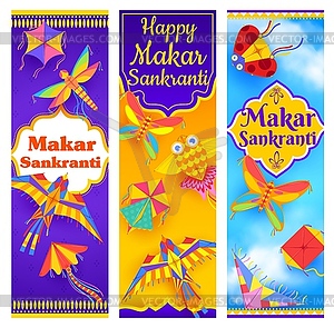 Makar Sankranti Indian festival banners with kites - vector image