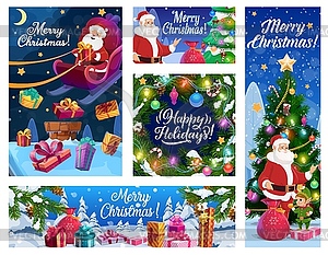 Santa on roof, Christmas gifts, Xmas tree and elf - vector clipart