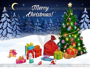 Christmas tree with Xmas gifts and Santa bag - vector image