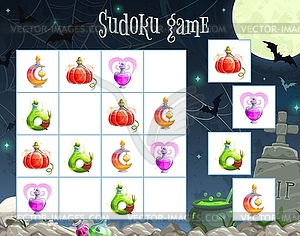 Halloween sudoku game template with witch potion - royalty-free vector image