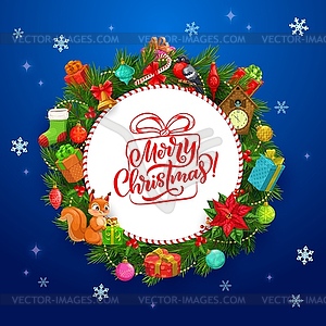 Christmas wreath of Xmas tree, gifts, bell, candy - vector image