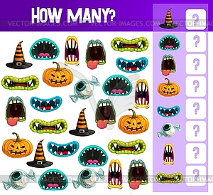 Halloween counting game template, kids education - vector image