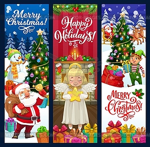 Christmas banners of Santa, Xmas tree, gifts, elf - vector clipart