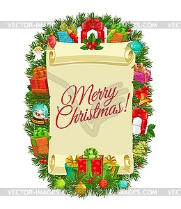 Christmas scroll with Xmas tree, gifts and bell - vector image