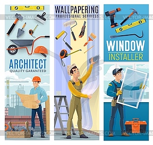 Architect, wallpapering, window installer banner - vector image