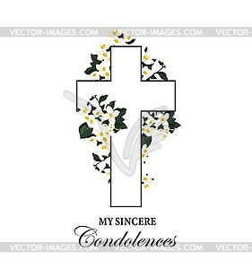 Funeral card with cross and white flowers - vector clipart